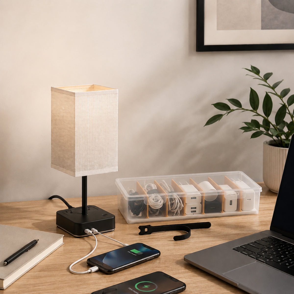 A wooden desk organized with a multi-functional charging station lamp, a clear plastic cable management box with dividers, a laptop, and a smartphone charging on the desktop.