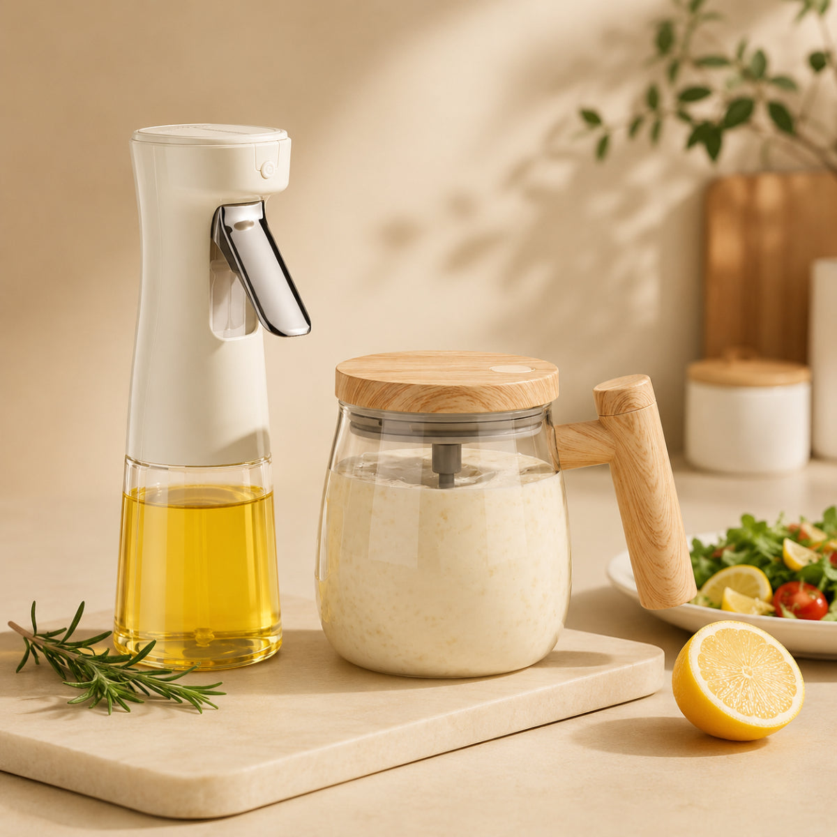 An elegant white oil dispenser bottle and a glass jar with a wooden handle and lid filled with a creamy sauce, displayed on a kitchen countertop alongside a lemon half and fresh rosemary.