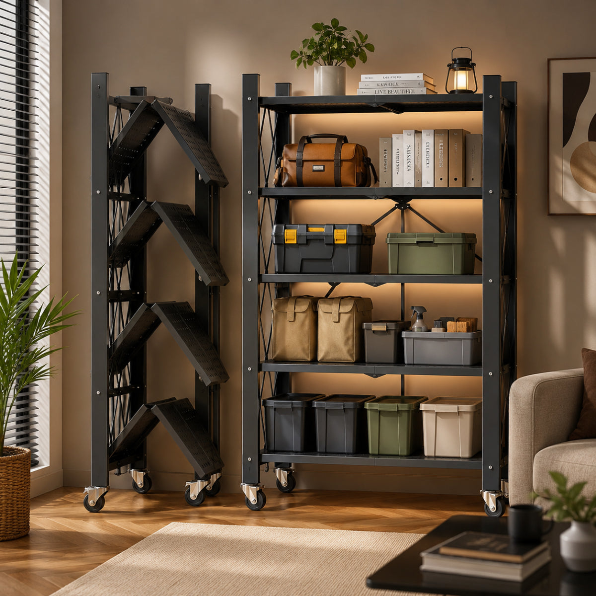 A side-by-side comparison of a black metal 5-tier rolling storage rack, showing one unit completely folded down for compact storage and the other open and organized with storage boxes and bins.