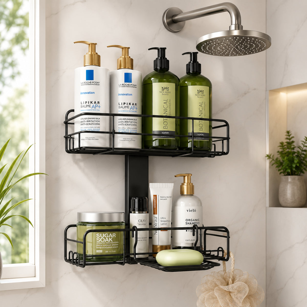 A two-tier black metal shower shelf filled with shampoo, lotion bottles, a sugar scrub jar, and a bar of soap, mounted on a marble tile wall next to a showerhead.