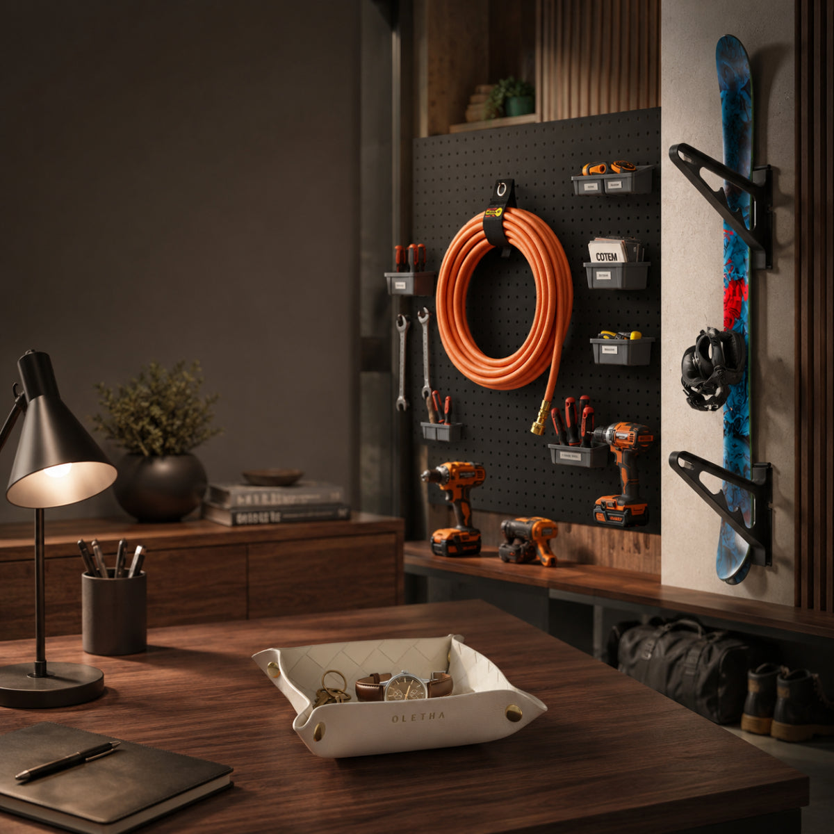 Organized workshop with tools, a lamp, and a bowl on a wooden desk.