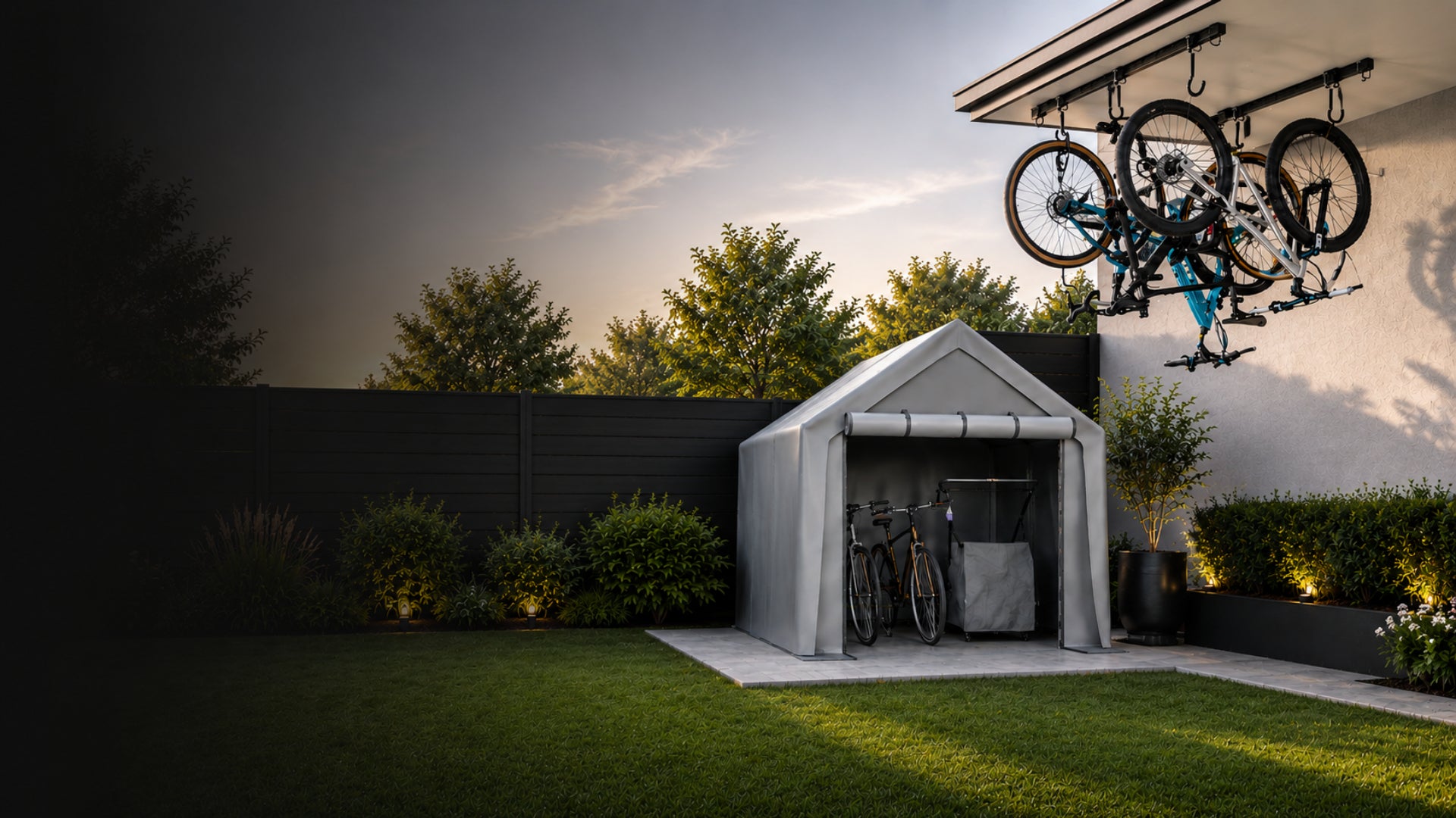 Bicycle storage solution with a garage and bike rack in a garden setting.